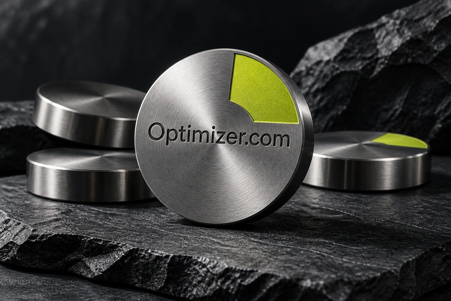 Precision-machined metal rings with a chartreuse segment and Optimizer.com lettering